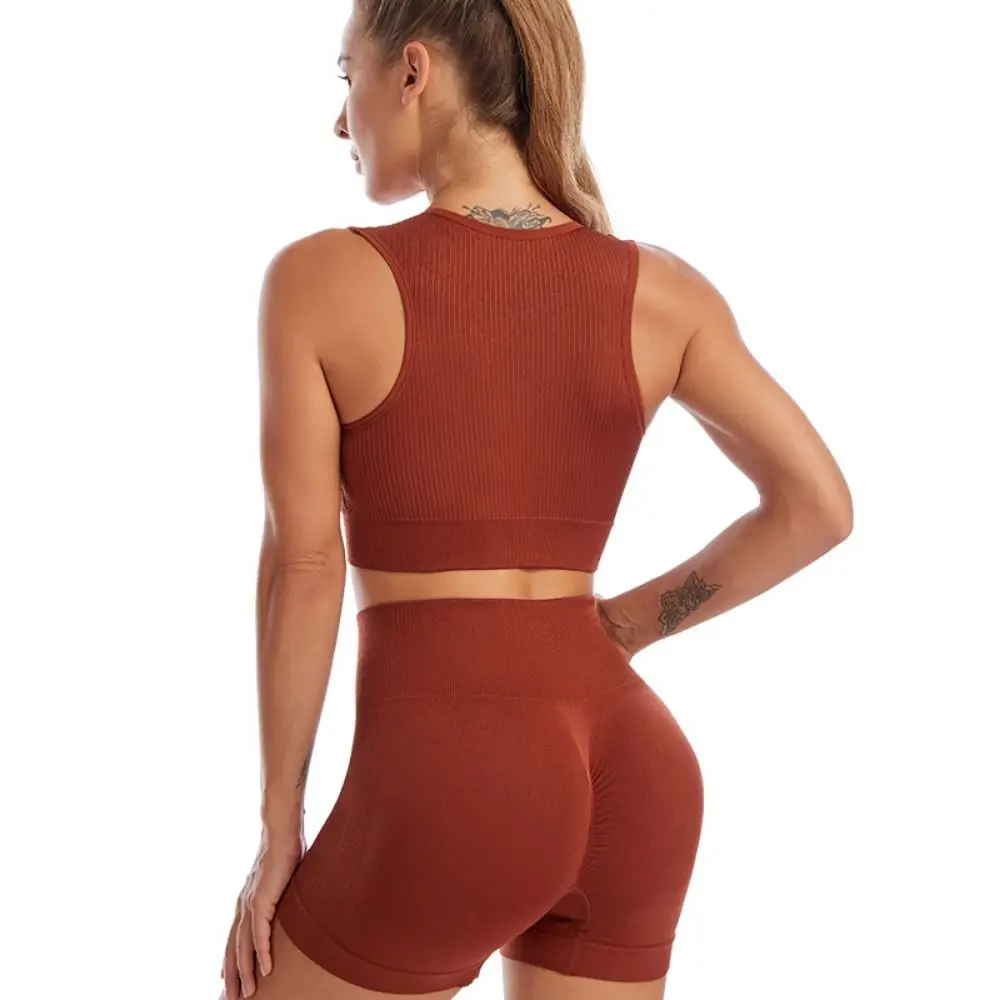 

Gift Nylon Women Yoga Suit Rib-Knit Stretchable Workout Bra Shorts Set Without Pad Colorful Fitness Crop Tops Sports Underwear