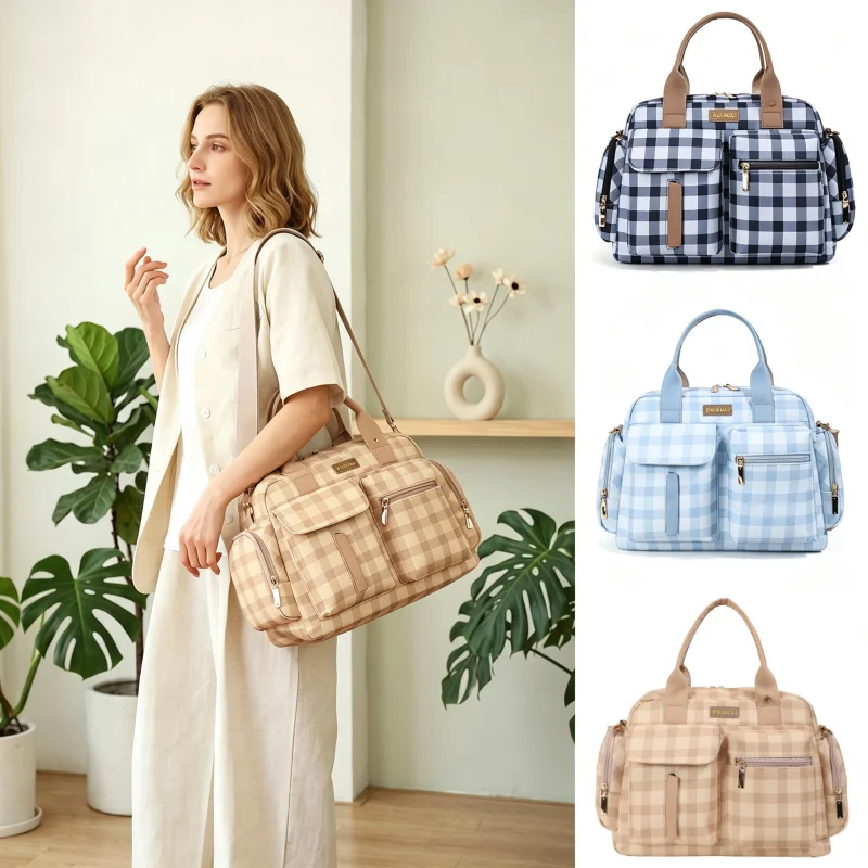 Mama bag - lightweight, adjustable crossbody/handbag with checkered pattern, suitable for carrying diapers and other baby items.