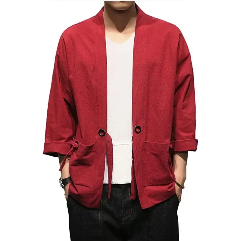 2023 Summer Men\'s Cotton Blends Linen Open Front Cardigan Embroidery Kimono Jackets