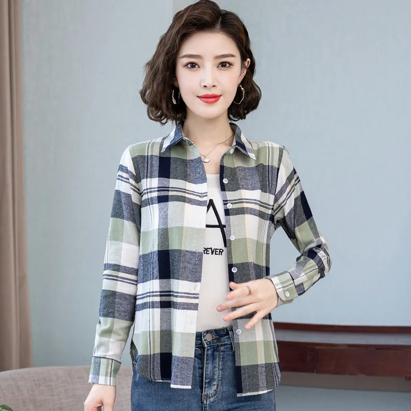 New Female Spring And Autumn Checkered Korean Loose Shirt Women\'S Long Sleeved Pure Cotton Fashion Casual Lapel Versatile Top