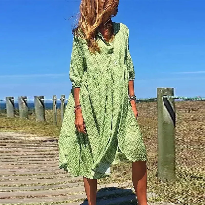 

2023 Casual Solid Color V-neck Holiday Beach Dress Female Clothing Half Sleeve Mide Dresses Women Summer Loose Vintage Dresses