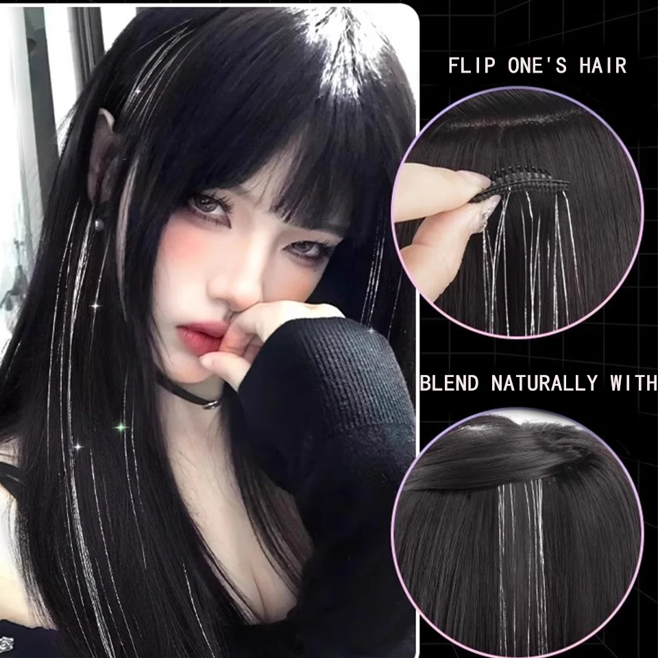 Ear-gantung Wig sintesis Laser warna-warni satu potong Wig artefak rambut bulu mulus wanita Grup hiasan kepala panggung Patch