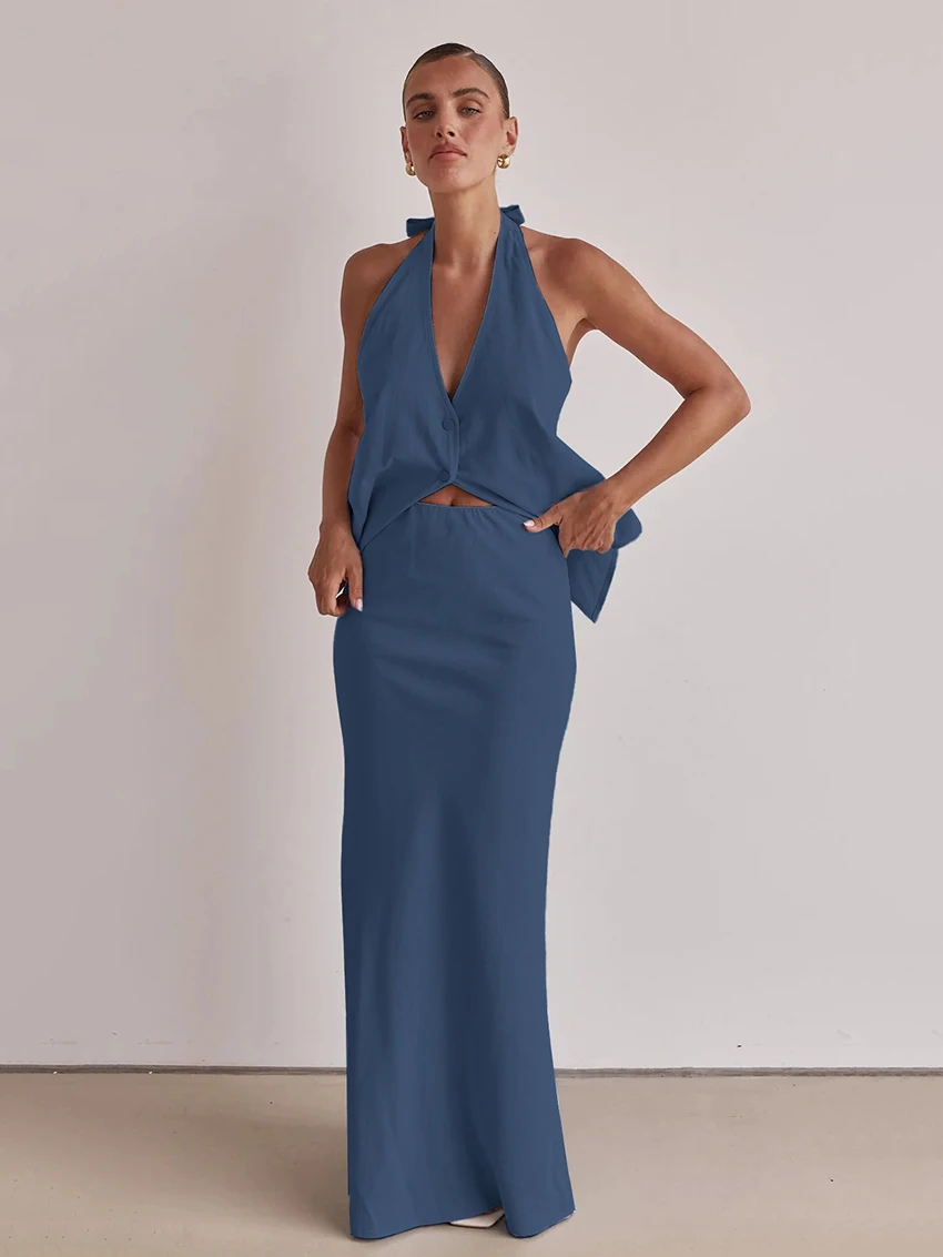 Marthaqiqi Blue Ladies Pajamas 2 Piece Suit Halter Sleepwear V-Neck Nightgowns Tank Tops Nightwear Long Skirt Casual Nightie Set