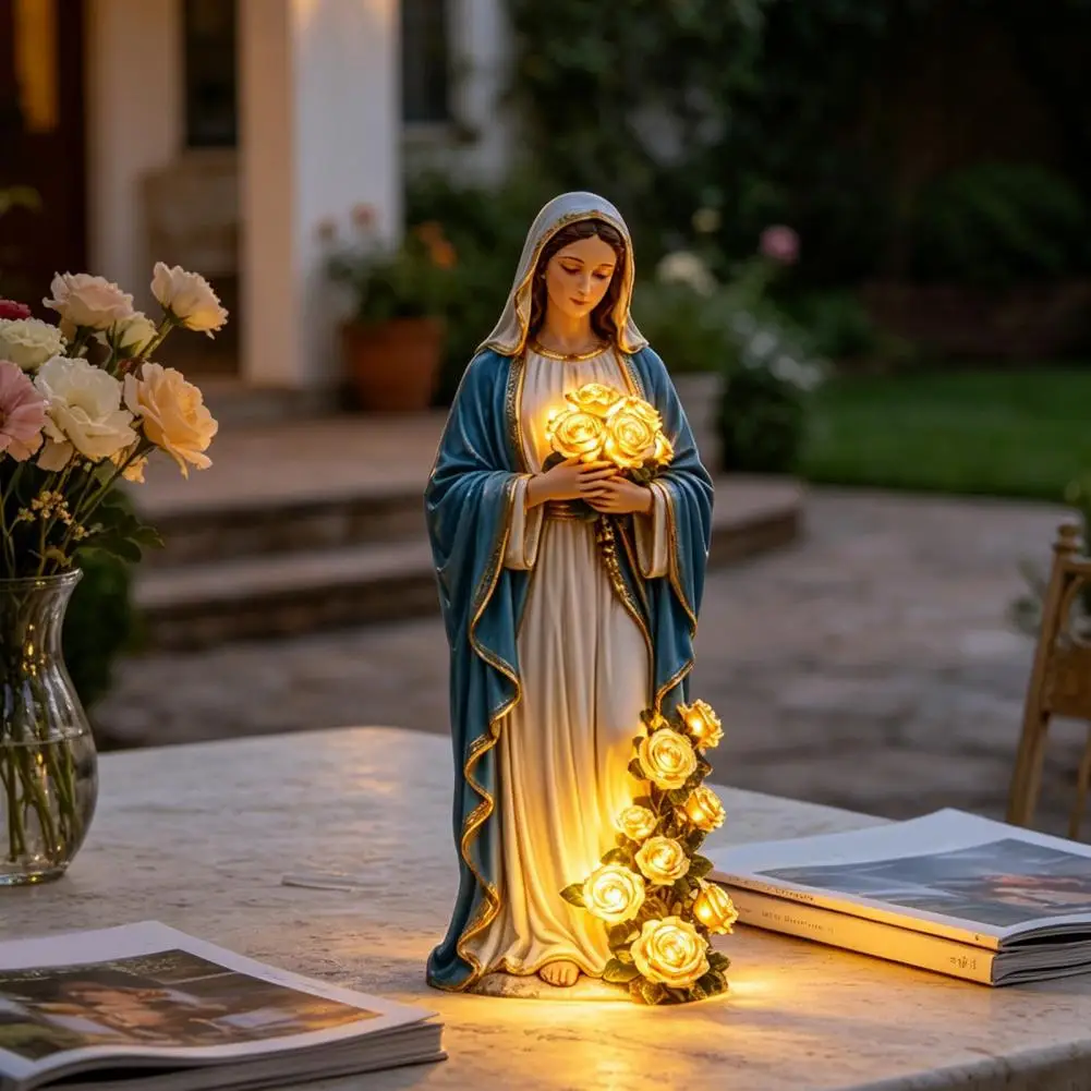 Estatua de Jardín de la Virgen María, Estatua Cristiana para Exteriores, Estatua de la Virgen con Luz de Jardín, Lámpara USB con Rosa Brillante para Mujeres