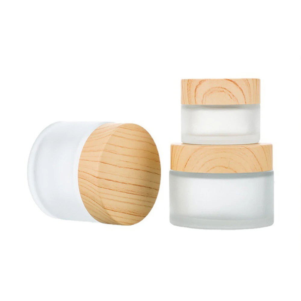 Wood Grain Lid Frosted Glass Cream Jar 5g 10g 15g 20g 30g 50g 60g 100g Okrągła butelka na krem Pojemnik kosmetyczny Słoik Zakrętka