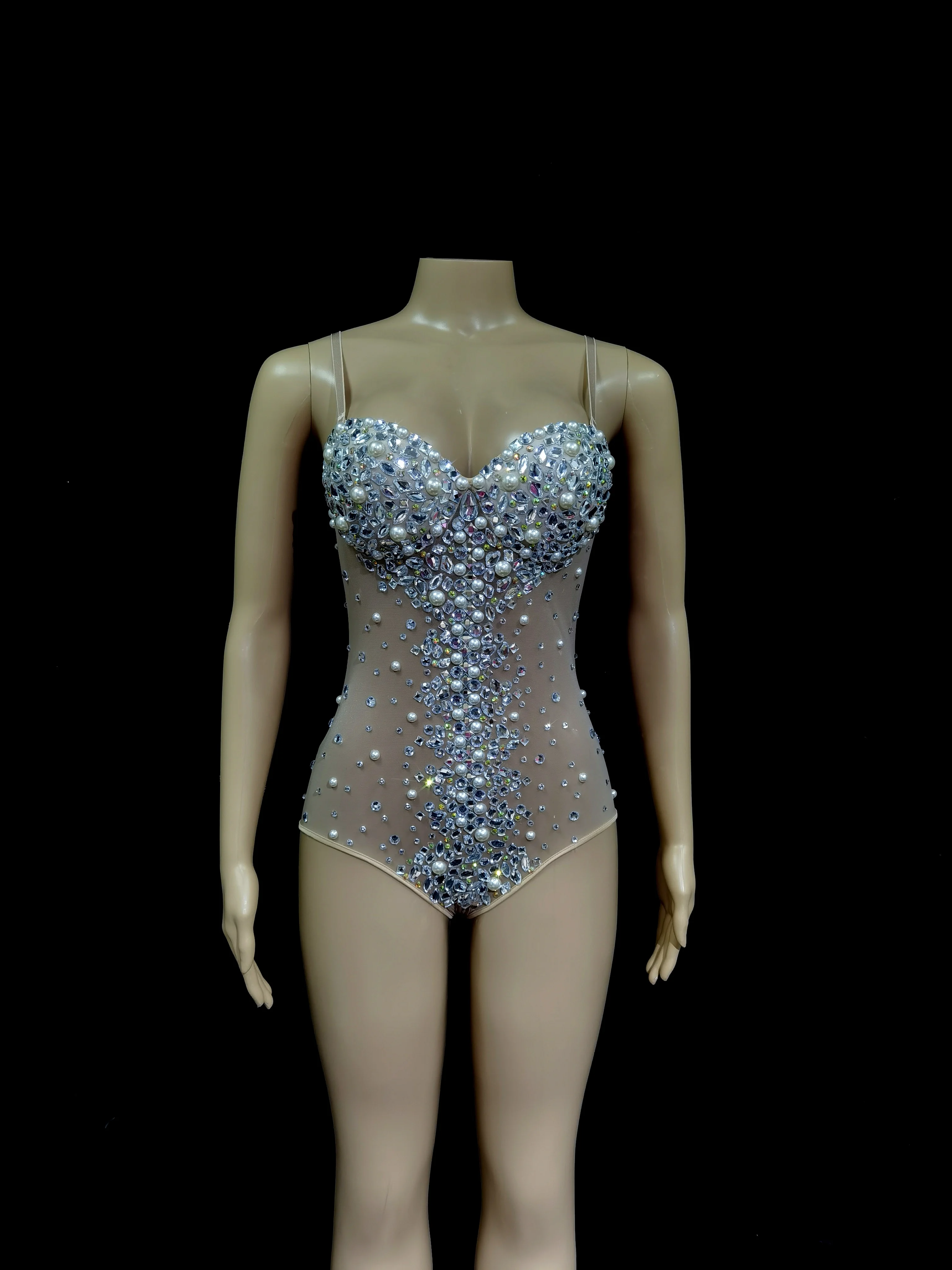 Sparkly Silver Crystals Leotard Sexy MeshClub Outfit Celebrate Female Singer DiRhinestones Bodysuit Dance Costume StageWear