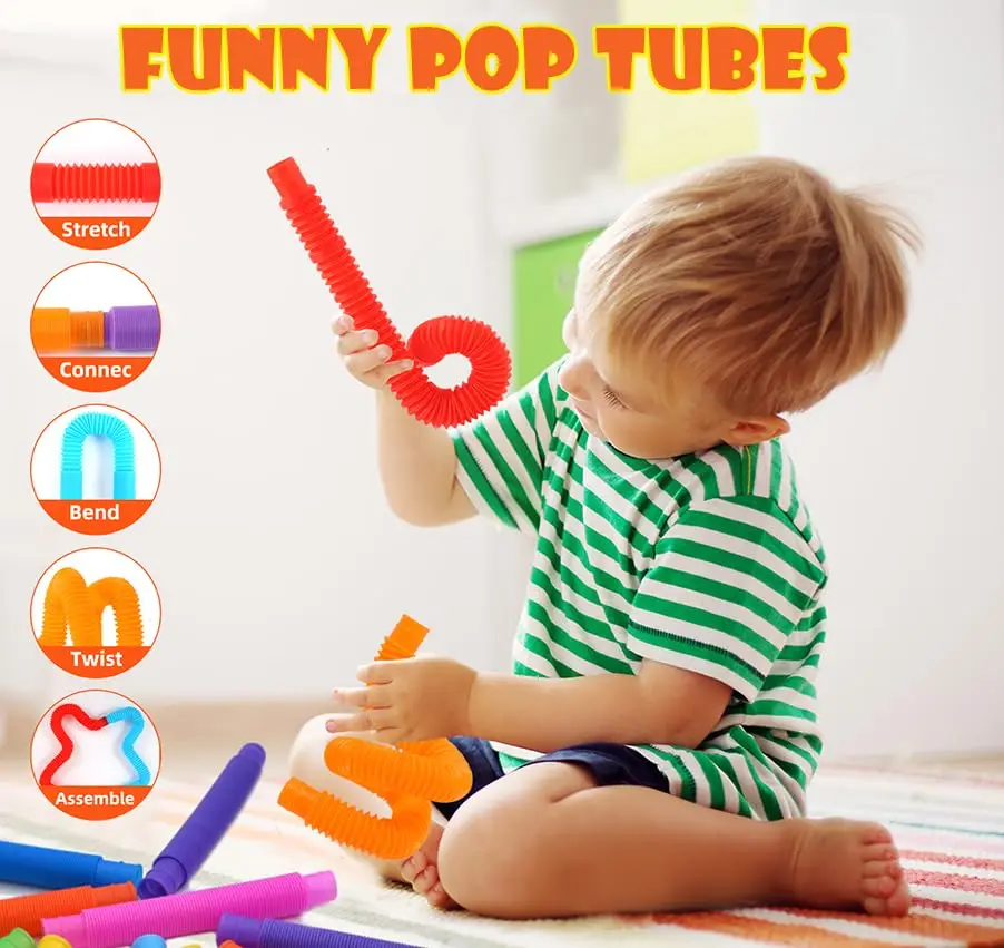 60 Pack Pop Tubes Sensory Toys, Connectable and Extendable Fidget Toys for Stress Relief, Party Favors for Kids