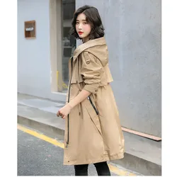 Korean Trench Coat For Women 2024 Spring Autumn Medium To Long Overcoat Casual Hooded Drawstring The Waist Windbreaker Female