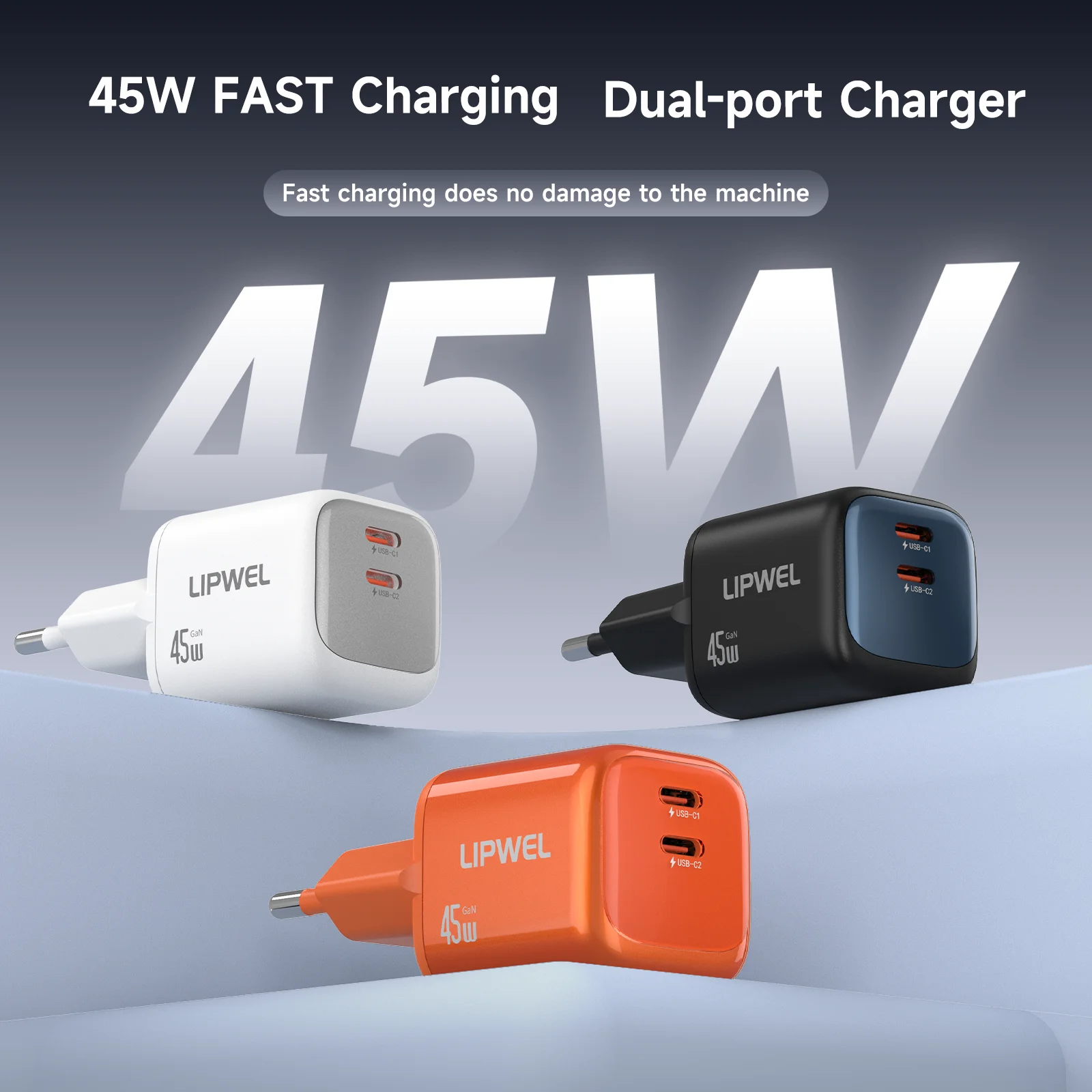 LIPWEL 45W GaN Fast Charger, Dual USB-C PD 3.0 Wall Charger, Ultra-Mini Portable Charger with Multiple Safety Protections