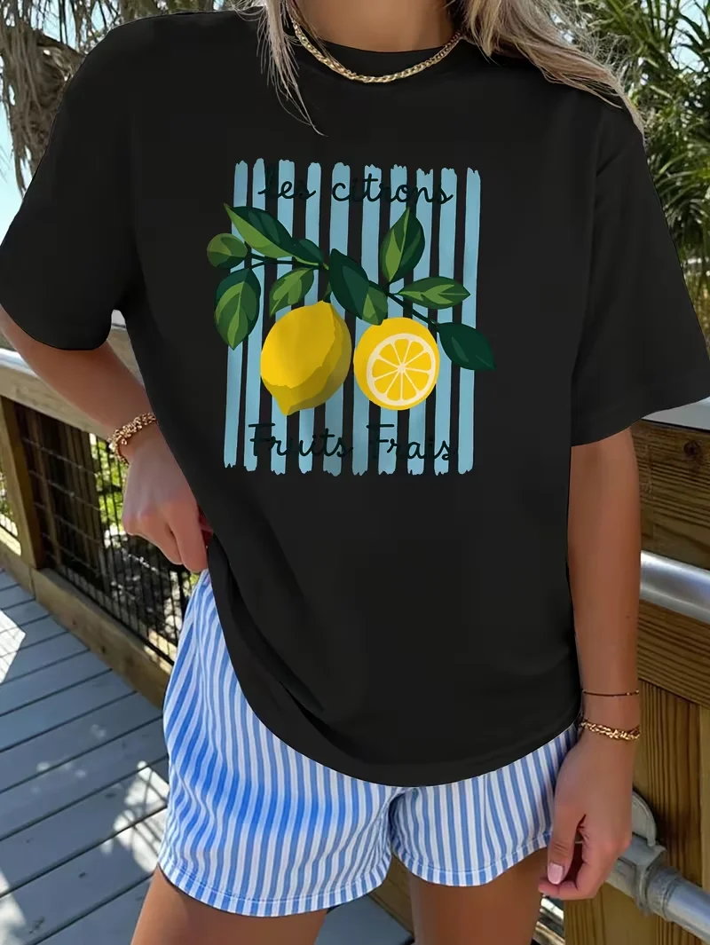 Cute Lemon & Stripe Graphic T-Shirt, French Fruit Quote Tee, Whimsical Botanical Short Sleeve Casual Summer Top for Girls