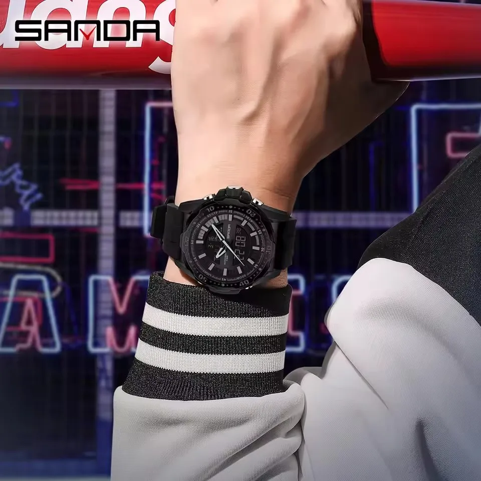 SANDA 3373 Reloj deportivo electrónico de cuarzo para hombre con pantalla Dual luminoso a prueba de golpes resistente al agua calendario relojes digitales para hombre