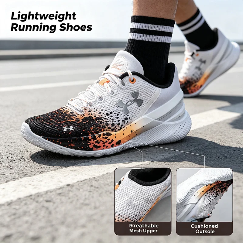 Under Armour Lightweight Running Shoes Orange Breathable Cushioned Training Sneakers Non-Slip Athletic Walking Gym Footwear