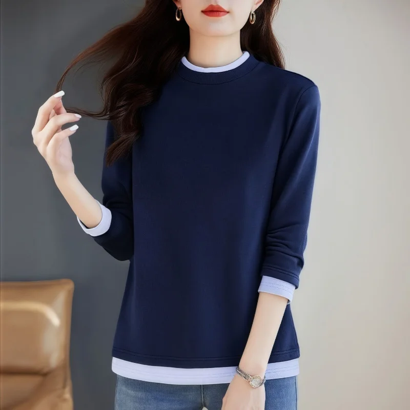 2025 Autumn and Winter New DeRong Women's T-Shirt Half Turtle Collar Splicing Fake Two-piece Women's Bottoming Warm Top