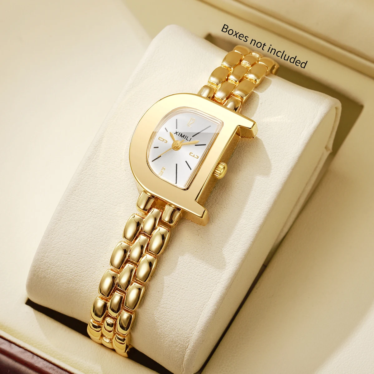 Fashion D‑Shape Gold Women Quartz Watch Elegant Stainless Steel Bracelet Ladies Dress Wristwatches Relogio Feminino（Without Box）