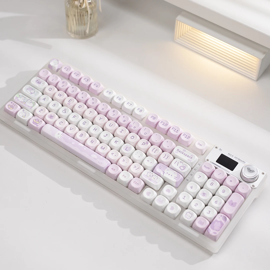 Cat Afternoon Tea Theme Purple Keycap 132 Keys MOA Height PBT Five-sided Sublimation Cute Keycaps for Mechanical Keyboard