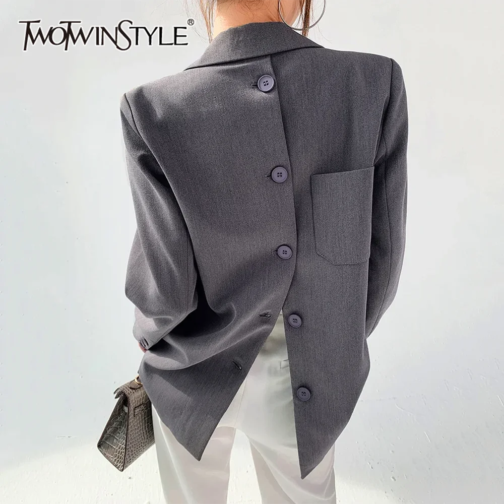 TWOTWINSTYLE Solid Designer Loose Blazers For Women Notched Collar Long Sleeve Patchwork Single Breasted Chic Coats Female New