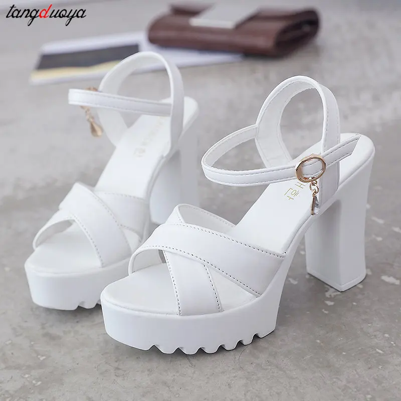 Brand Elegant Summer Women‘s Sandals Platform Chunky High Heels Fashion Peep Toe Sandals Women Classic white Party dress pumps