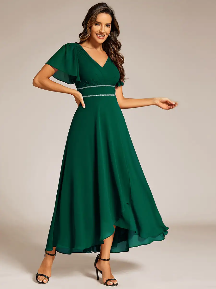 Elegant Evening Dresses Double V-Neck Waist Trimmed Ruffles Sleeves 2024 Ever Pretty of Chiffon Dark Green Bridesmaid Dress