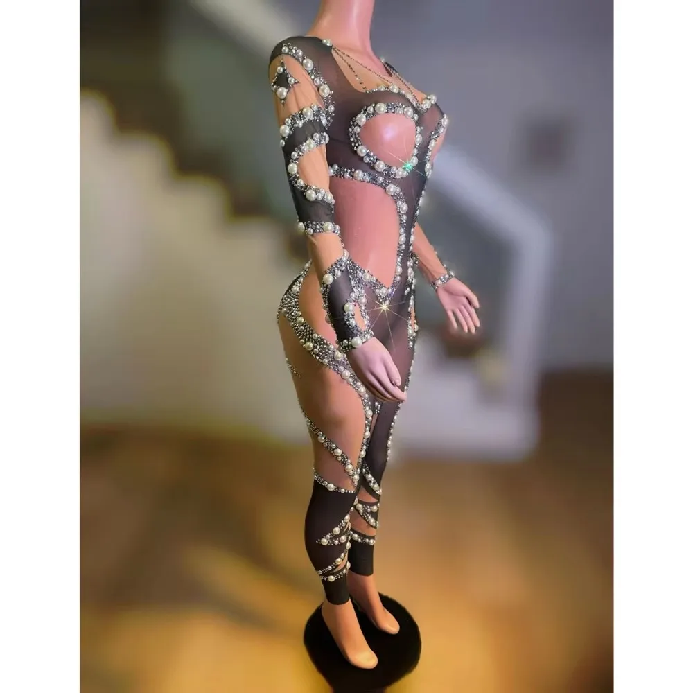Frauen Sexy Mesh Perle Kristall Overall Hochwertige Bühne Leistung Trikot Nachtclub Party Sänger Tänzer Drag Queen Kostüm