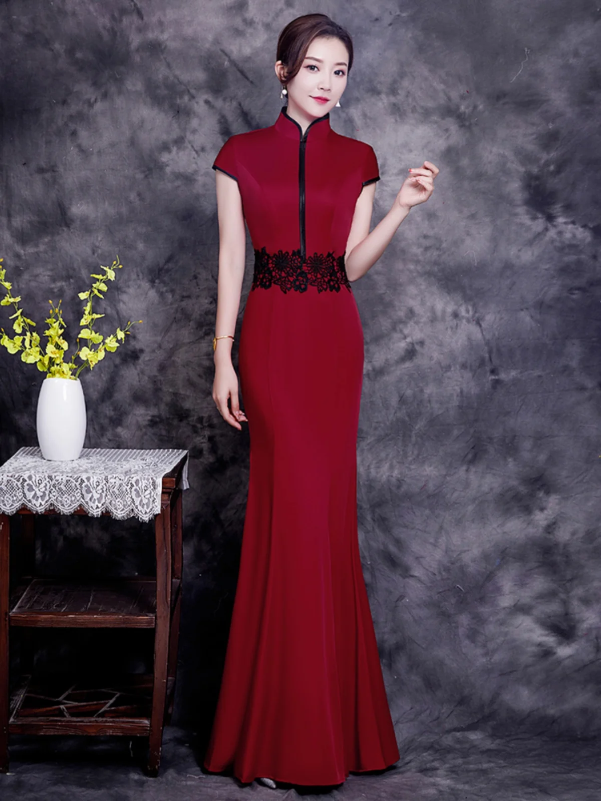 

Ele Long Evening Gown in Bury Wine Color with Fi Tail Design T Performance Costume Faionable Wedding Dr
