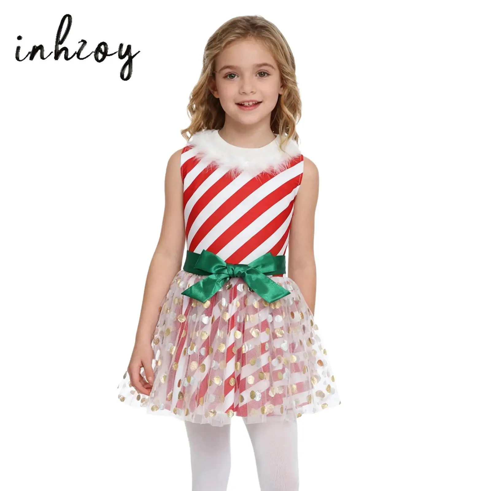 

Girls Christmas Elf Cosplay Dress Striped Metallic Dot Fuzzy Crew Neck Sleeveless Tulle Dress for Xmas Party Cane Masquerade
