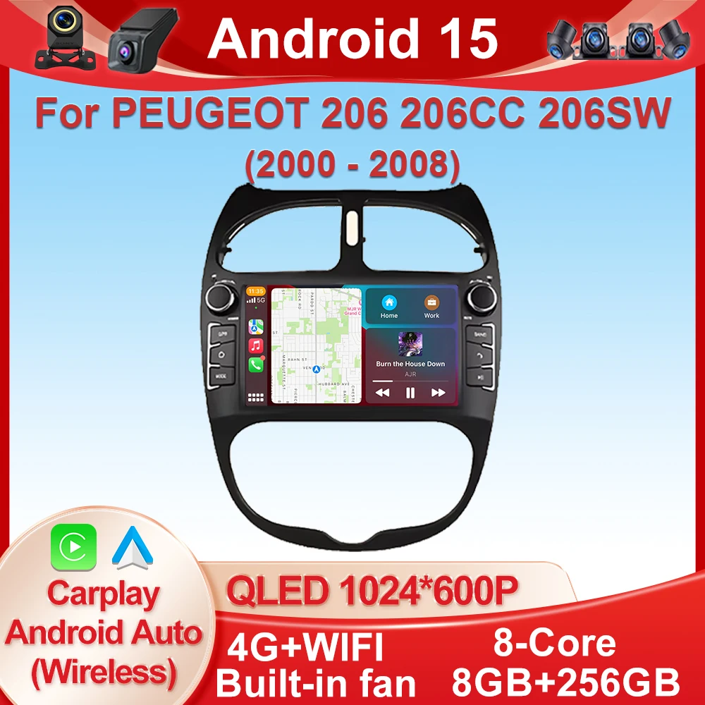 Android15 For PEUGEOT 206 206CC 206SW 2000-2005 2006 2007 2008 Car Radio Multimedia Player Navigation Stereo Wireless Carplay BT
