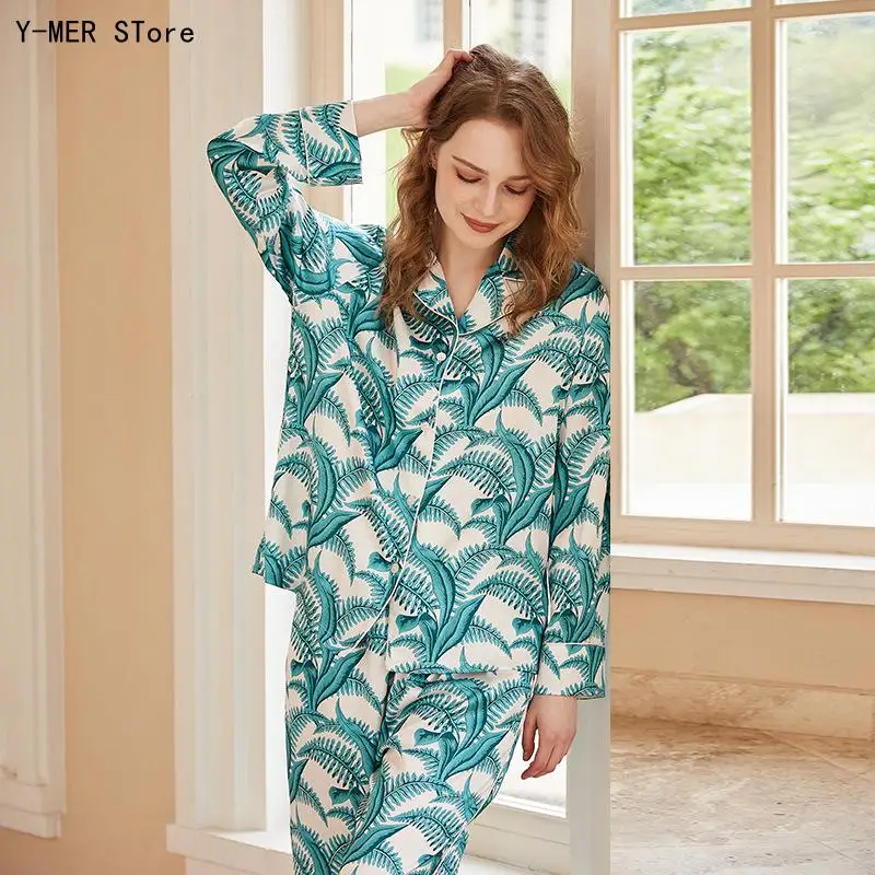 Women European Style Ice Silk Pajama Set Long Sleeve Long Pants Mimosa Print Ladies Home Loungewear Sleepwear Outfit