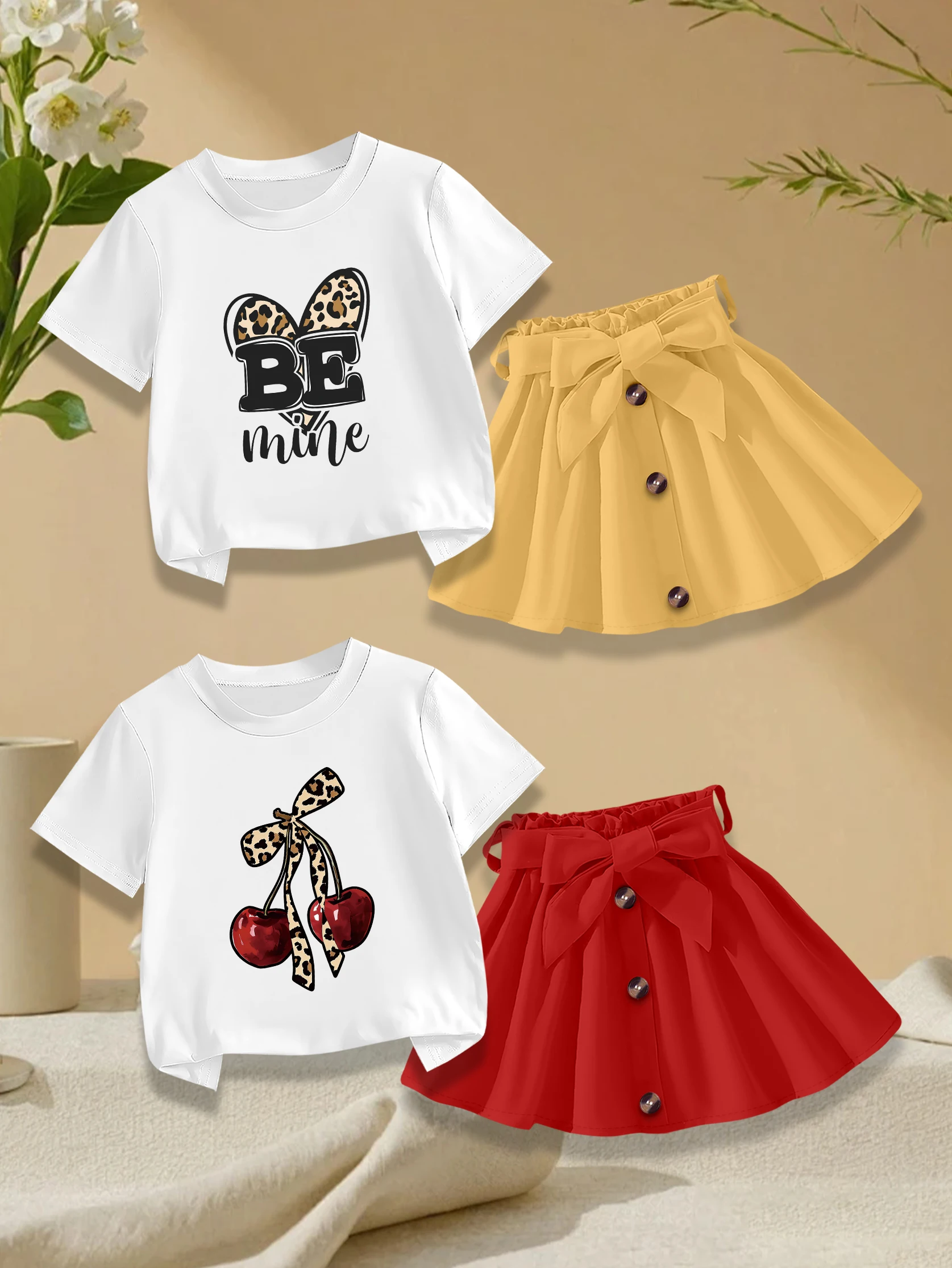 4 pieces: Valentine's Day Girls' Summer Sweet Cute T-shirt & Skirt Set - Cartoon Heart & Cherry Print