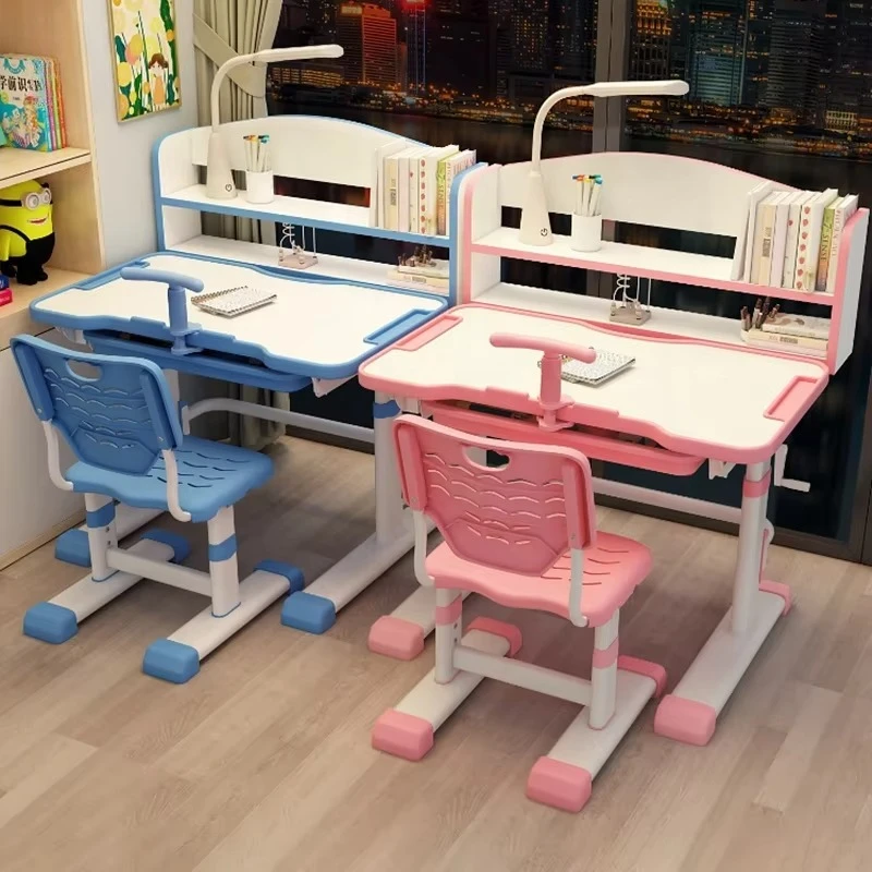 Height Adjustable Kids Study Table and Chair Set for Child Factory Children's Learning Desk with Bookshelf Home Furniture