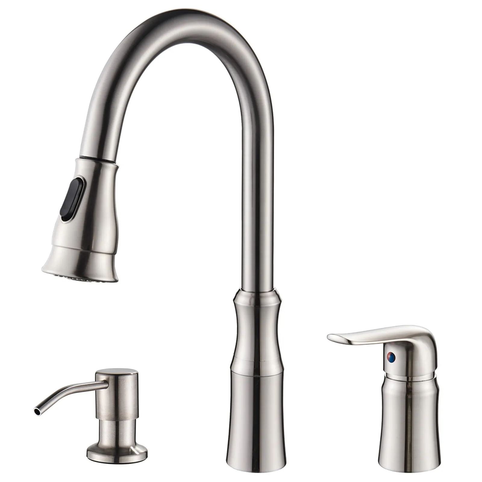 

Brushed Nickel Kitchen Faucet with Pull Down Sprayer 3 Hole Sink Set Includes Soap Dispenser Modern Farmhouse Design Touch