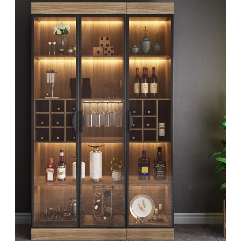 custom，High-end Red Wine Display Shelf Alcohol Showcase with LED Light Wine Shop Furniture Wooden Wine Display Cabinet