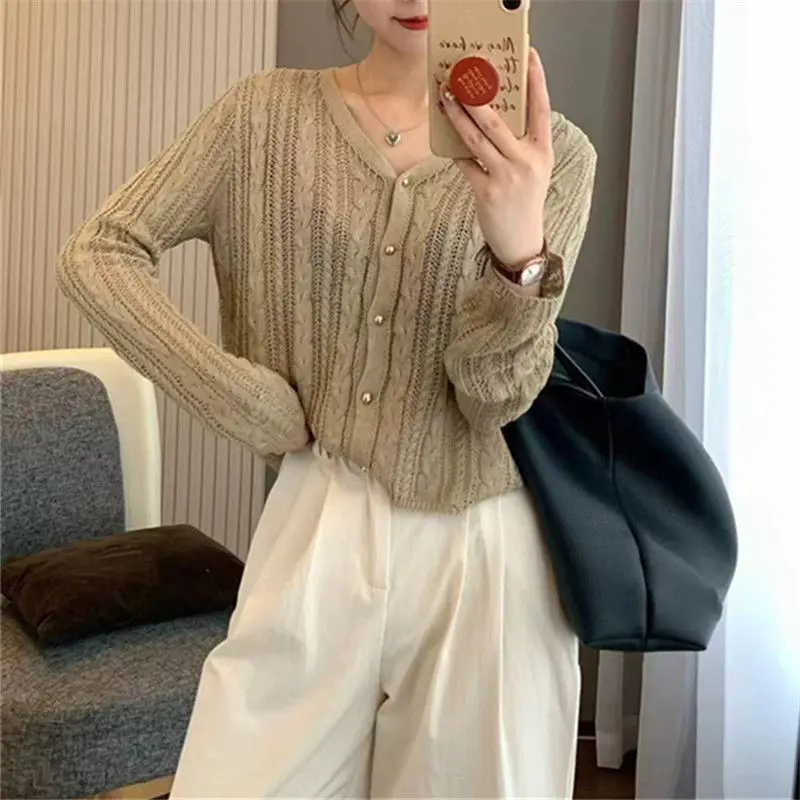 ربيع جديد محبوك ort Svel V-Ne المرأة سترة رقيقة طويلة Sve حماية الشمس أعلى لون نقي سترة Sle