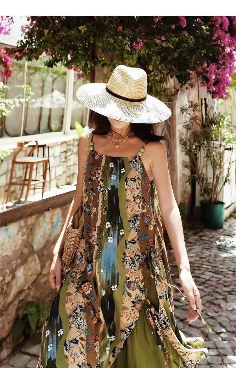 リアルショット レディース オリジナル植物モチーフ油絵プリント ストラップキャミドレス オズの魔法使い風 バケーションビーチドレス 夏向け