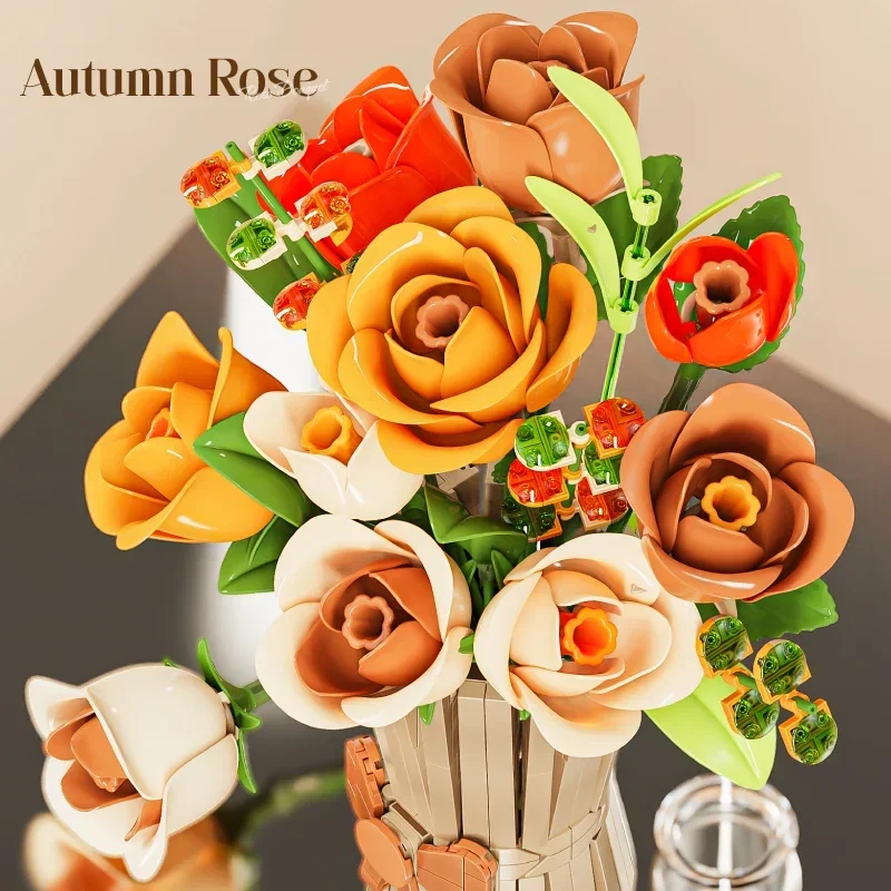 868PCS Rose Bouquet Building Blocks Eternal Flower Vase Model Bricks Desktop Decoration Young DIY Toys Girl Romantic Gifts