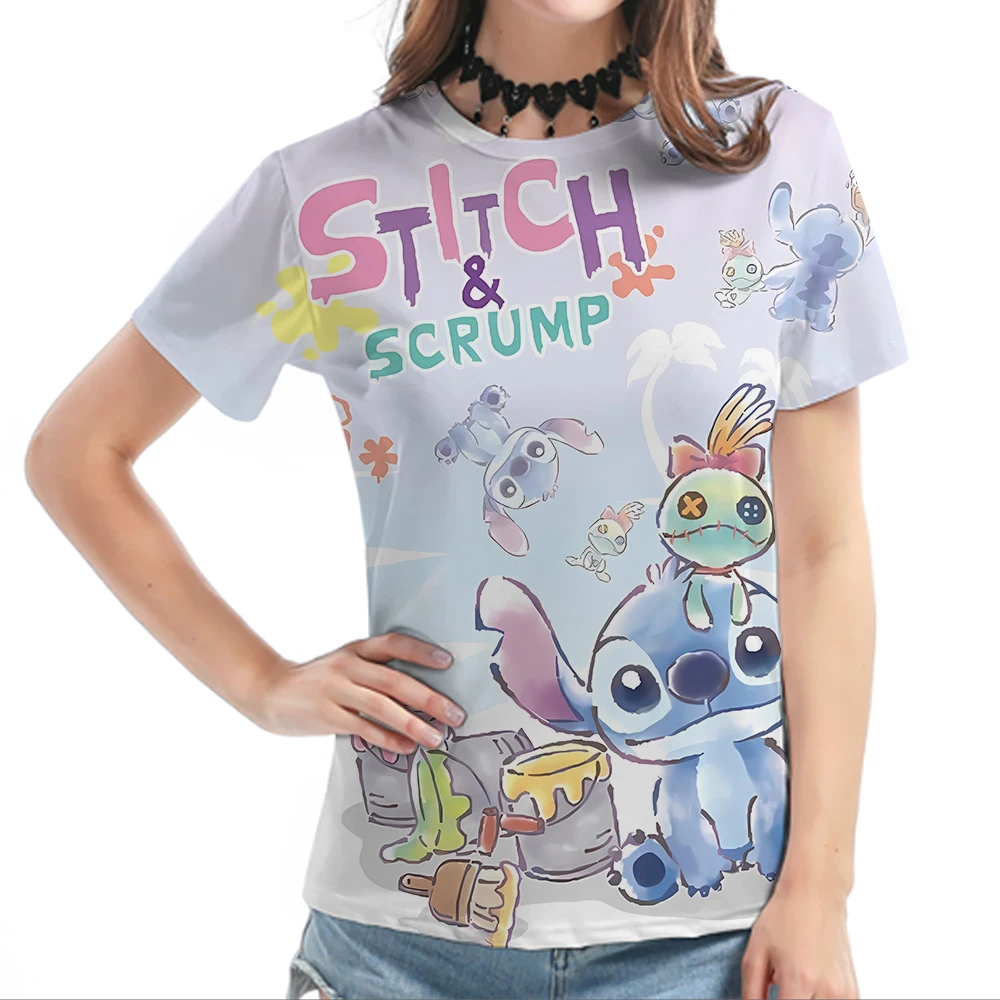 Disney Stitch Short Sleeves Youthful Woman T-shirts Cartoon Women's Clothing Casual Top Girls Soft Home Wear Breathable T Shirts