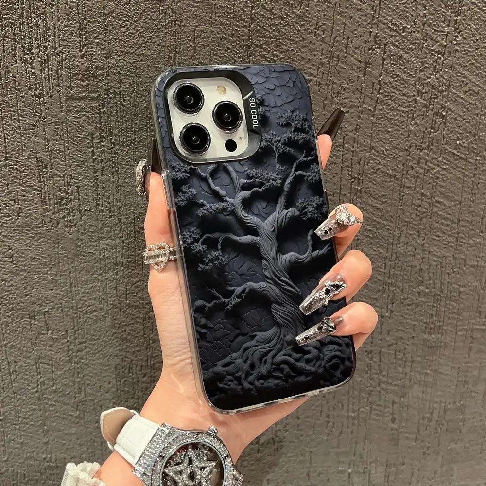 

Black tree mural phone case for iPhone 16 15 14 13 12 11 Pro/ Max/Plus shock-proof rear cover anti-fingerprint