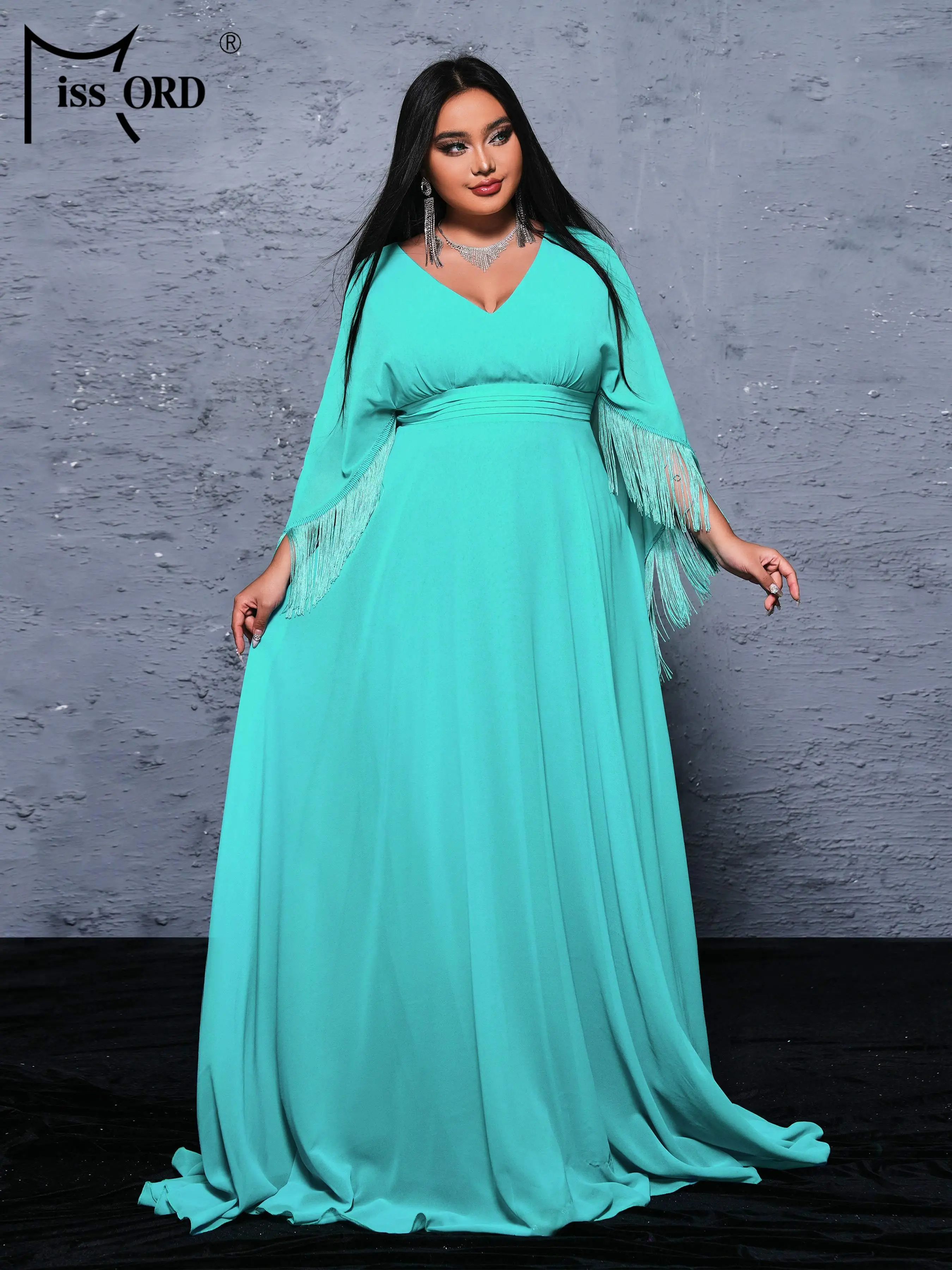 Missord Plus Size Prom Dress V Neck Bat Sleeve A Line Evening Green Floor Length Church Dress