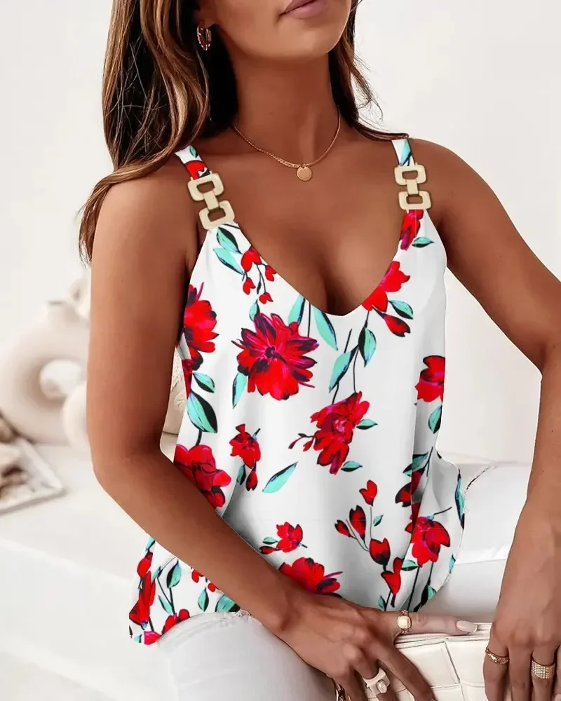 Vrouwen Zomer Print Shirts Alle Match Basic Losse Sling Blouse Slim Fit Mouwloze Trui Blusa Ketting Bandjes Vest Tops Vrouwelijke