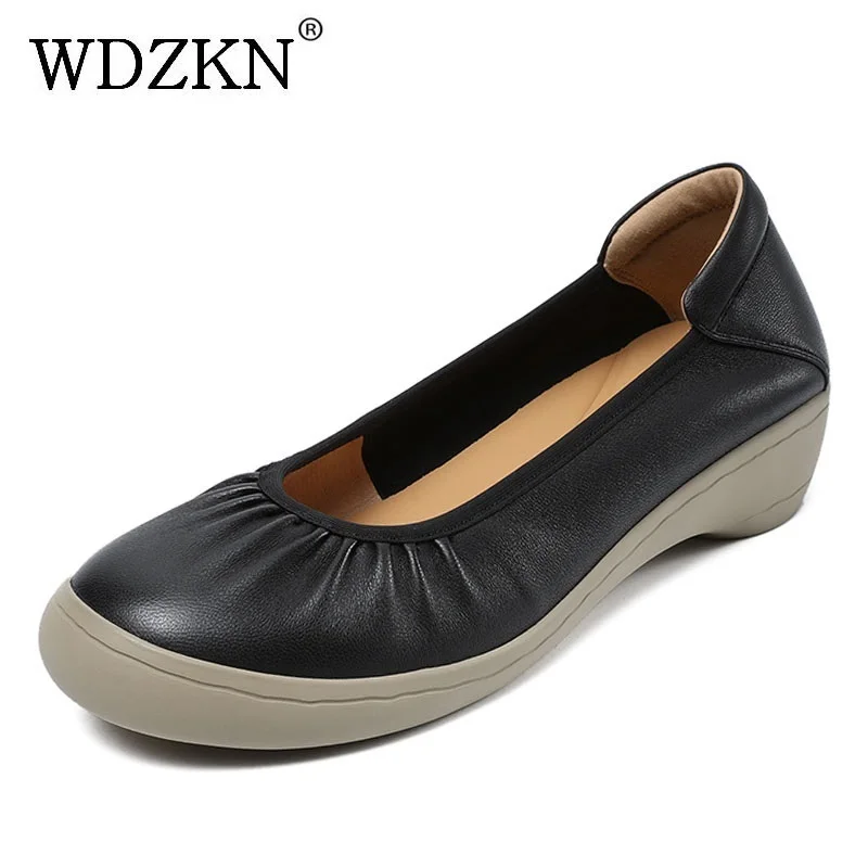 

WDZKN Concise Slip On Loafers Women Med Wedges Heel Genuine Leather Sheepskin Shallow Slip On Round Toe Comfort Casual Shoes