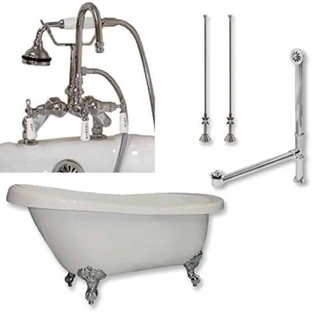 Bathtub, 67-inch, Acrylic Slipper Clawfoot Tub with Full Chrome Deck, Install Gooseneck Pipe Kit, Freestanding Tub