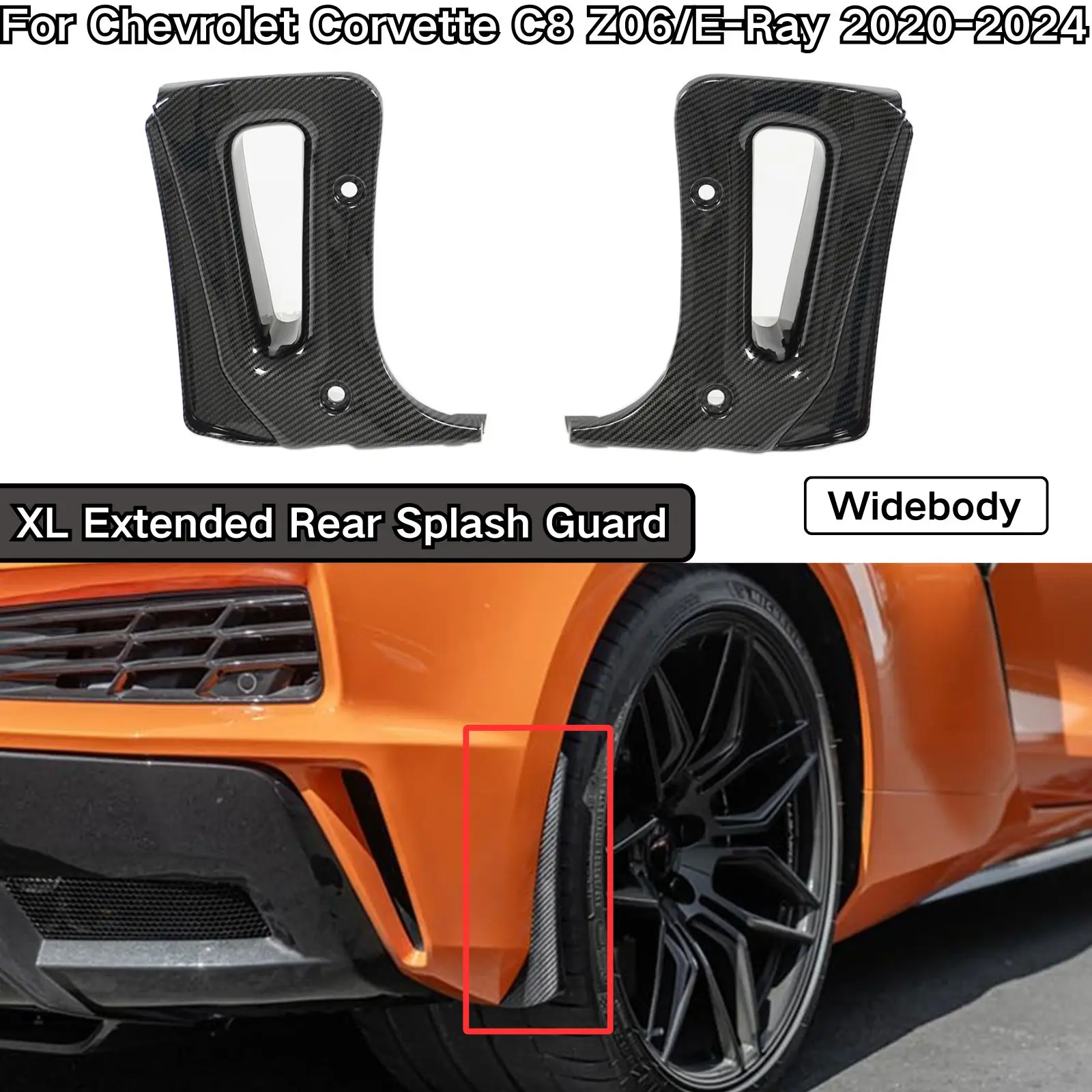 Para Chevrolet Corvette C8 Z06 E-Ray 2020-2024 modelo de cuerpo ancho protector contra salpicaduras delantero XL negro mate extendido negro brillante un par
