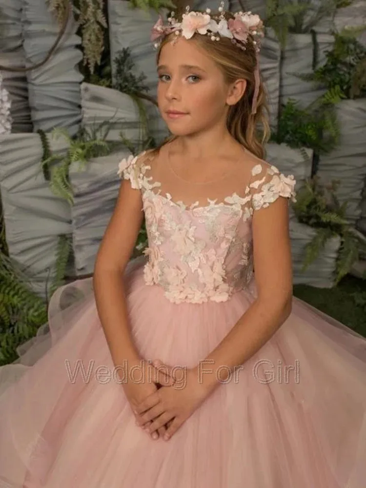 Vestido de flores escalonado rosa para niña, apliques de encaje Floral, vestidos de fiesta de boda para niños, ropa para niños, vestidos de primera comunión de princesa