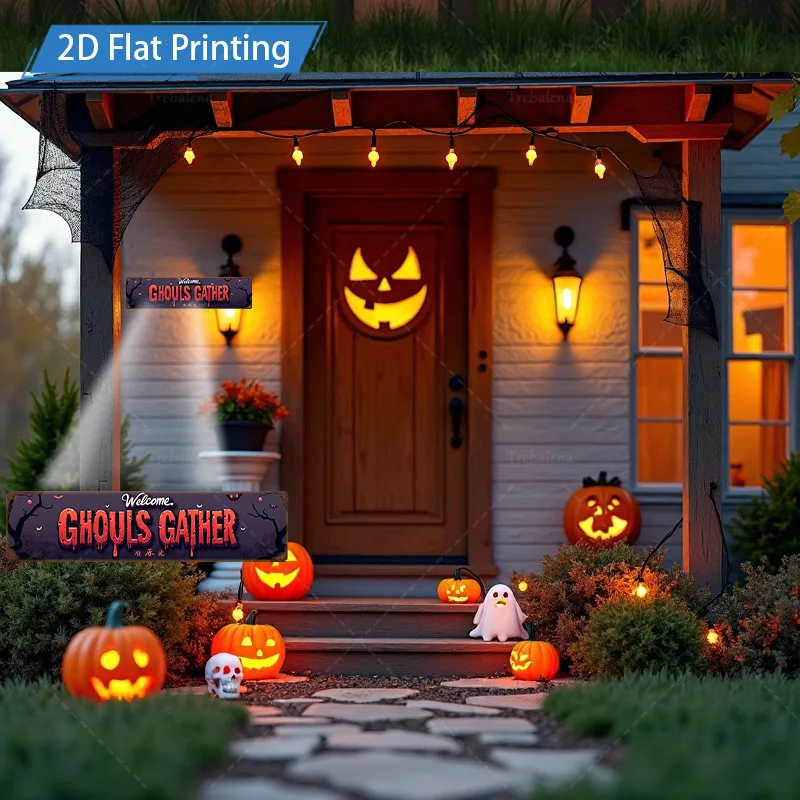 Targa in metallo da 1 pezzo, cartello di Halloween "Ghouls Gather" da 4x16 pollici, stampa piatta 2D, decorazione di zucca e pipistrello spettrale per la festa