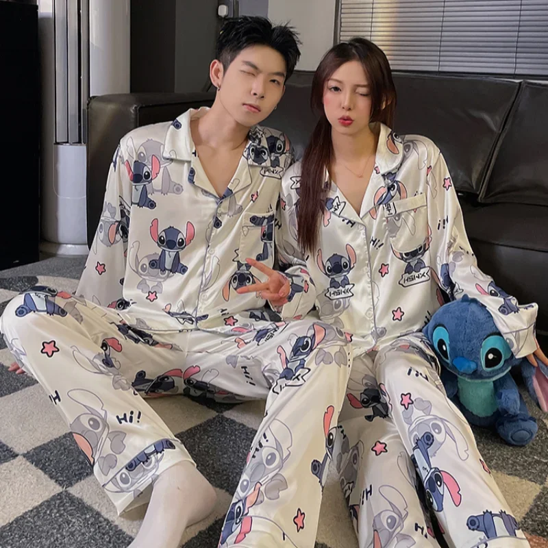 50% OFF Stitch Couple Pajamas Ice Silk Long Sleeve Pants Two-piece Casual Men\'s and Women\'s Disney Loungewear Women\'s Pajamas