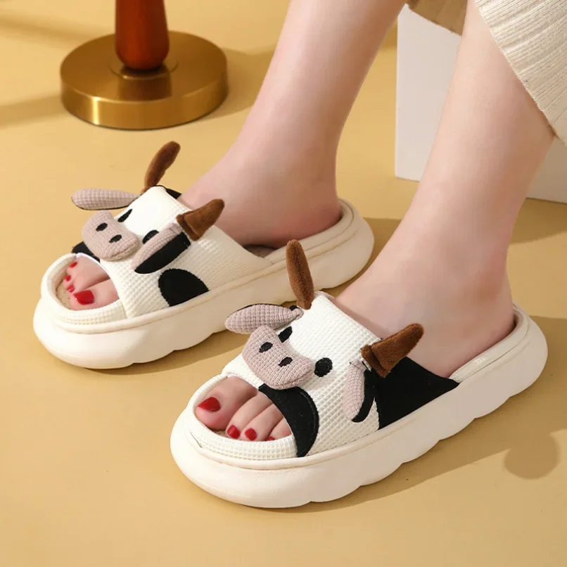 Home Slippers Frog Cow Women Summer Cute Linen  Couples Indoor House Non Slip Thick Funny Sandals Cartoon Kawaii Shoes 2024 New