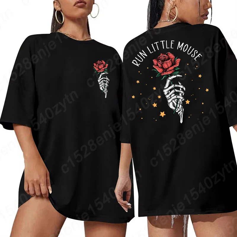 

Rose & Skeleton & Run Little Mouse Letter Print T-shirts, Casual Short Sleeves Crew Neck Tees Top, Women's Oversized T-shirts