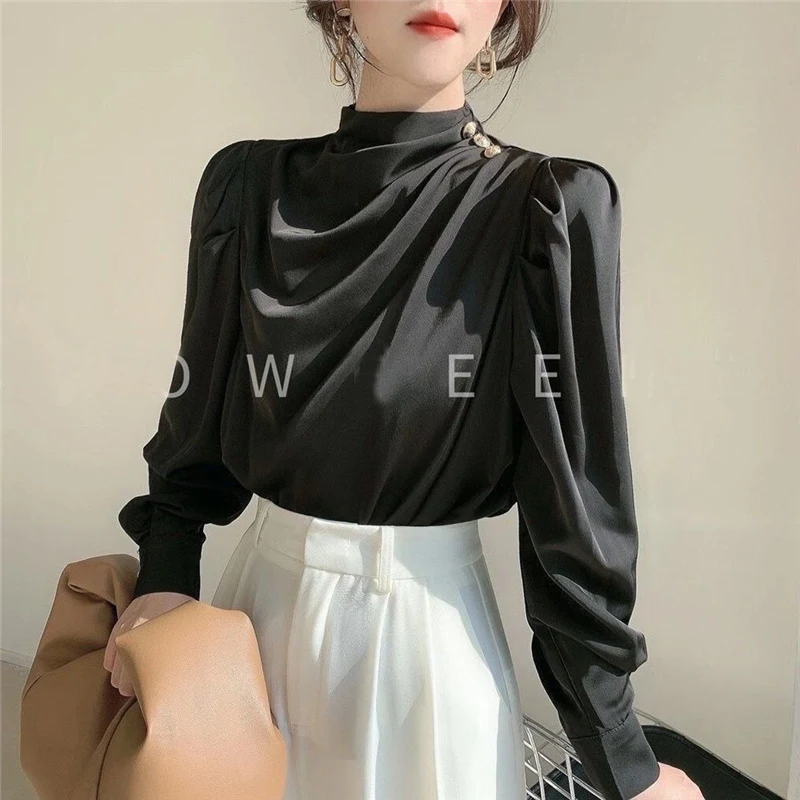 Satin Retro Elegant Chic Luxury Design Office Lady Business Casual Shirt Fashion Ruffle Solid Long Sleeve Tops Blouses For Women