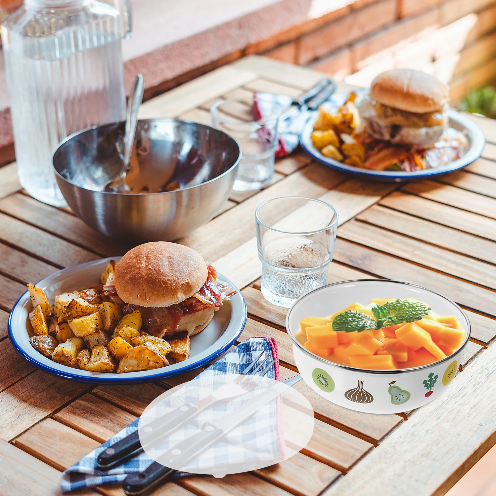 

5 шт., эмалированные миски для хранения свежести с крышками, контейнеры для хранения продуктов, портативная миска для супа, лапши, салата, фруктов, кухонный набор, многофункциональный