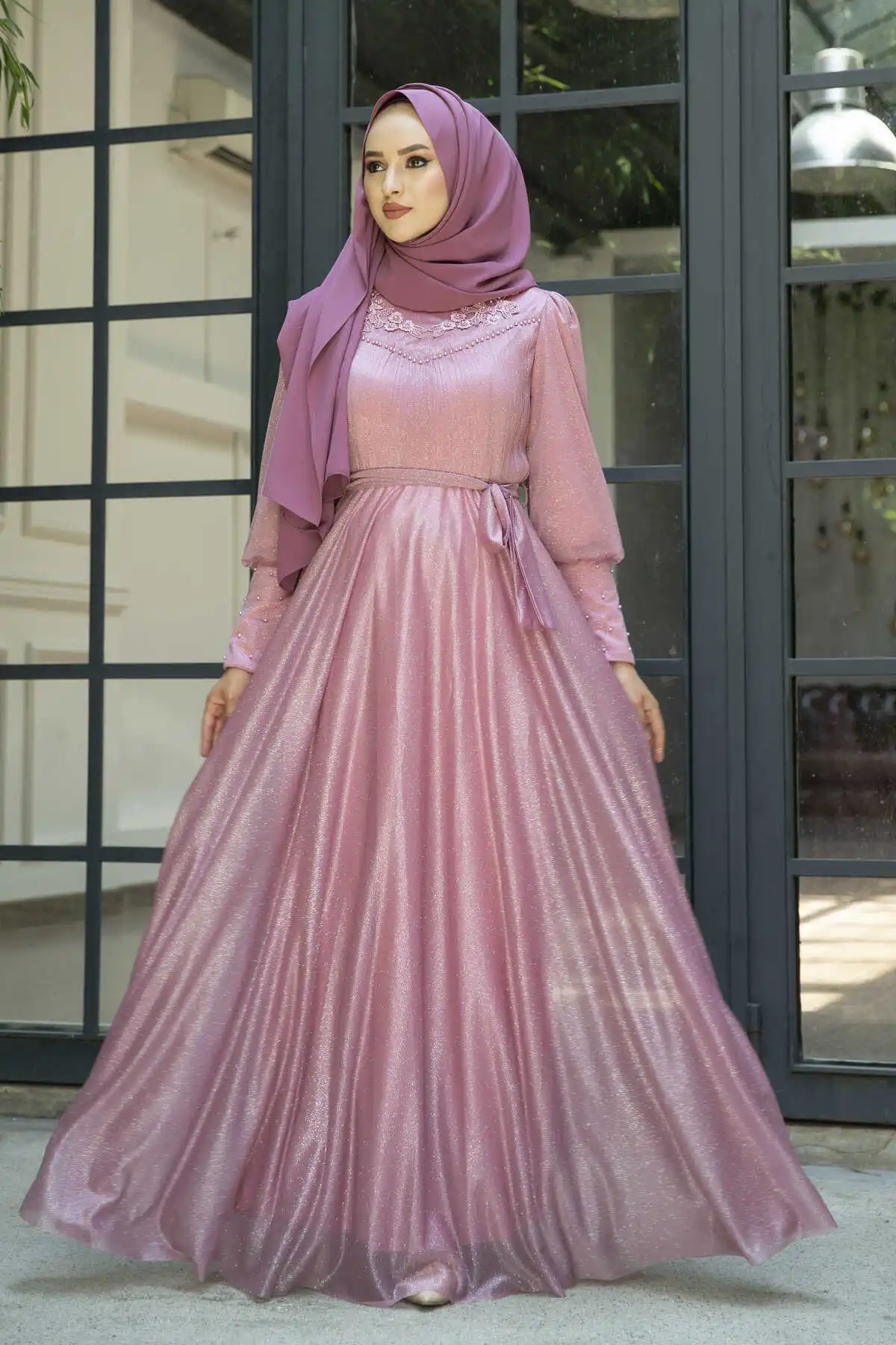 Filet lace Detaylı Silvery Chiffon Hijab Evening Dress Pink Winter Autumn 2021 Muslim Women Hijab headscarf Islamic Turkey