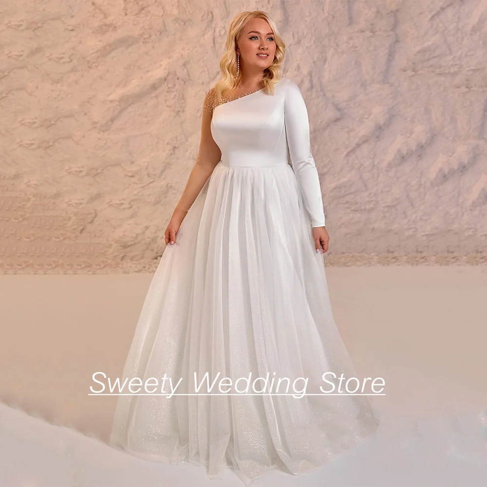 

Plus Size Wedding Dress 2024 Long Sleeve Round Neck Beading Satin Tulle A Line Bridal Bride Dresses for Woman Vestidos De Novia